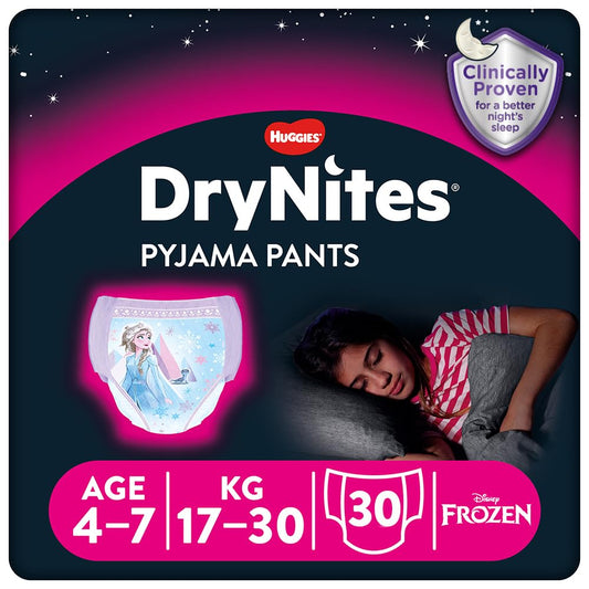 Huggies DryNites, Pyjamasbyxor för flickor – storlekar 4-7 år (30 byxor) – oslagbart natttidsskydd med diskret skydd och roliga mönster