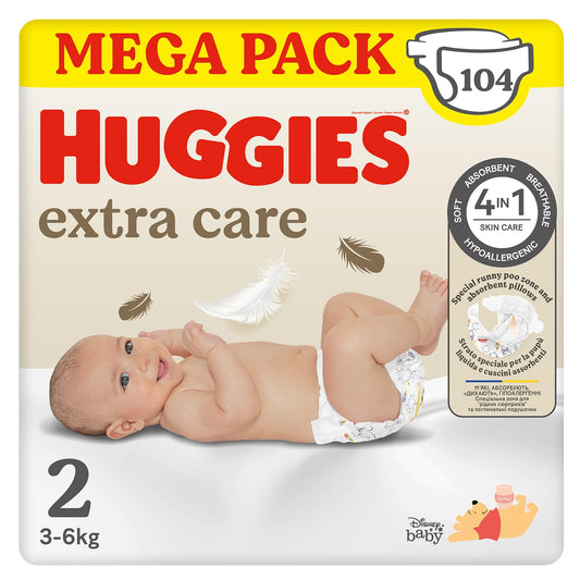 Huggies Extra Care storlek 2 (3–6 kg), förpackning med 104 blöjor *STORPACK*