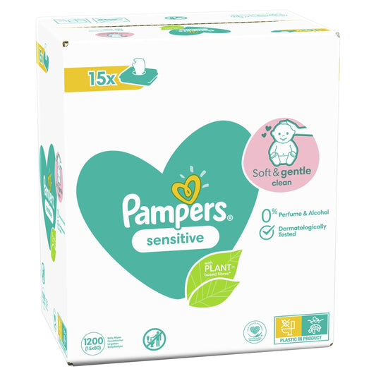 Pampers Sensitive Baby Wipes | oparfymerade | 15 förpackningar x 80 servetter = 1200 st *STORPACK*