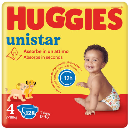 Huggies Unistar Blöjor, storlek 4, 7-14 kg, förpackning med 128 blöjor
