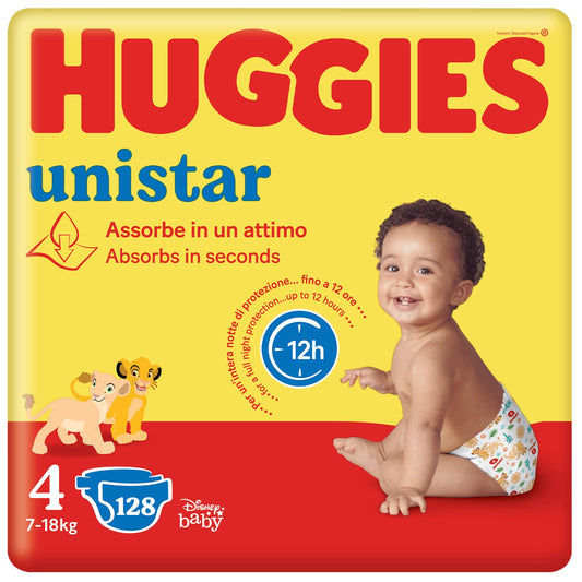 Huggies Unistar Blöjor, storlek 4, 7-14 kg, förpackning med 128 blöjor