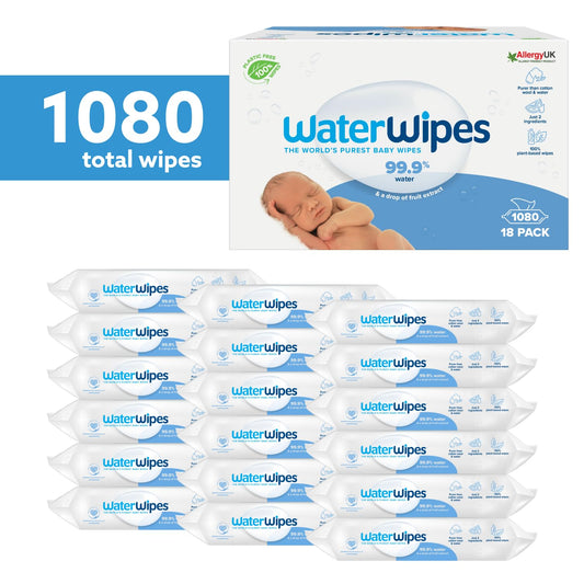 WaterWipes Original Baby Wipes, 1080 st (18-pack), 99,9% vatten, oparfymerade, för känslig hud *STORPACK*