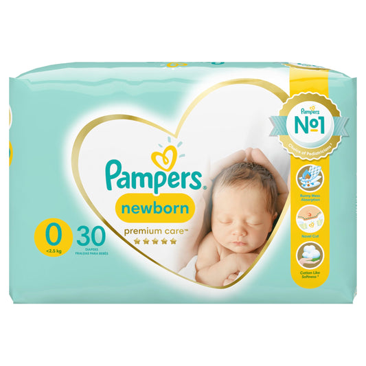 Pampers Blöjstorlek 0 (<3 kg), Premium Care Blöjor, 30 st, Bästa Komfort och Känsligt Hudskydd från Pampers