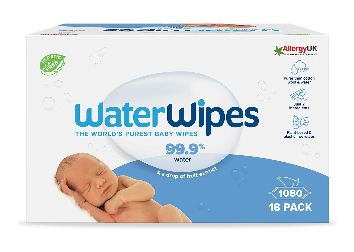 WaterWipes Original Baby Wipes, 1080 st (18-pack), 99,9% vatten, oparfymerade, för känslig hud *STORPACK*
