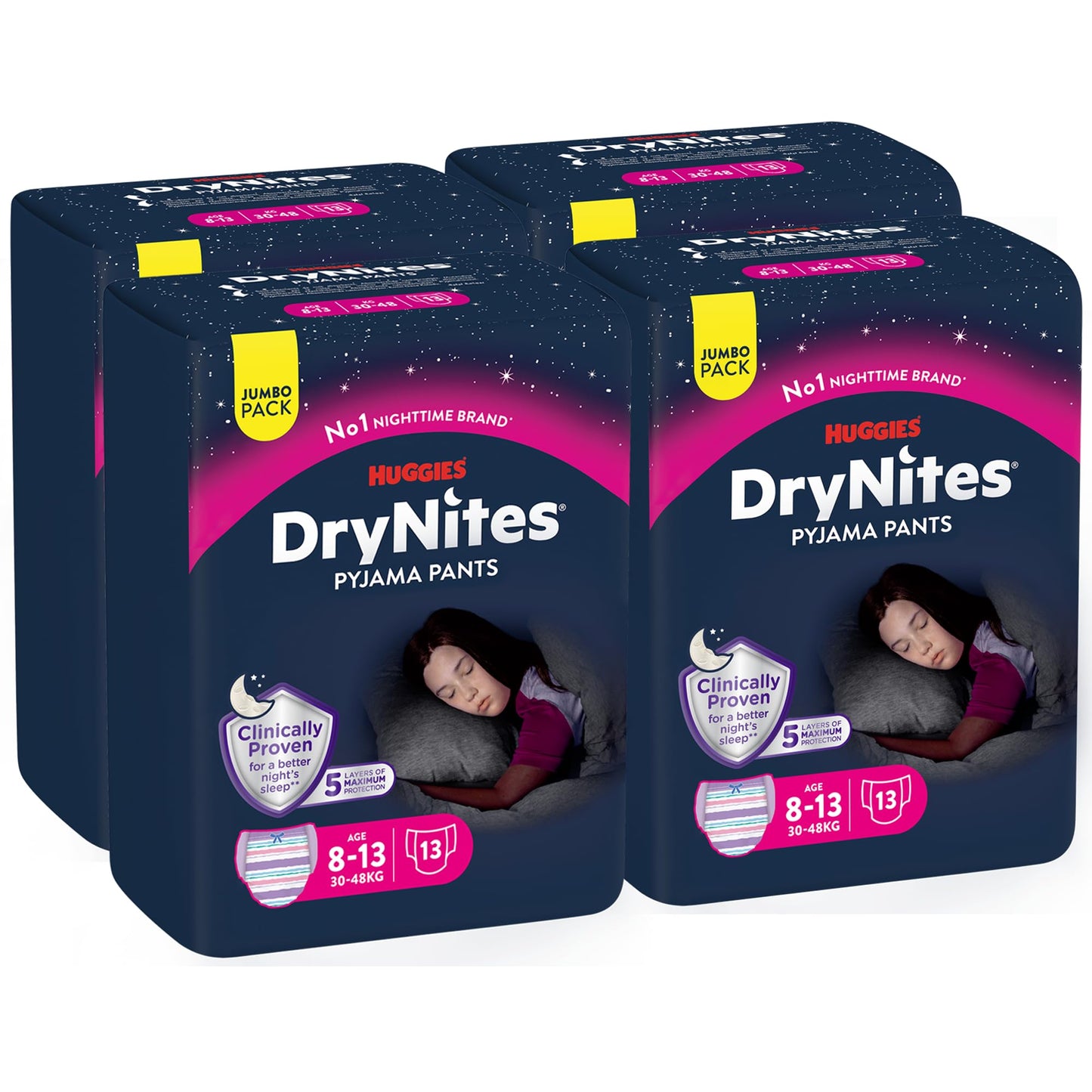 Huggies DryNites, nattbyxor för flickor - Storlekar 8-15 år (52 byxor) - Pyjamasbyxor för tonåringar för att hantera sängvätning - Diskret design, 4-pack