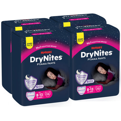 Huggies DryNites, nattbyxor för flickor - Storlekar 8-15 år (52 byxor) - Pyjamasbyxor för tonåringar för att hantera sängvätning - Diskret design, 4-pack