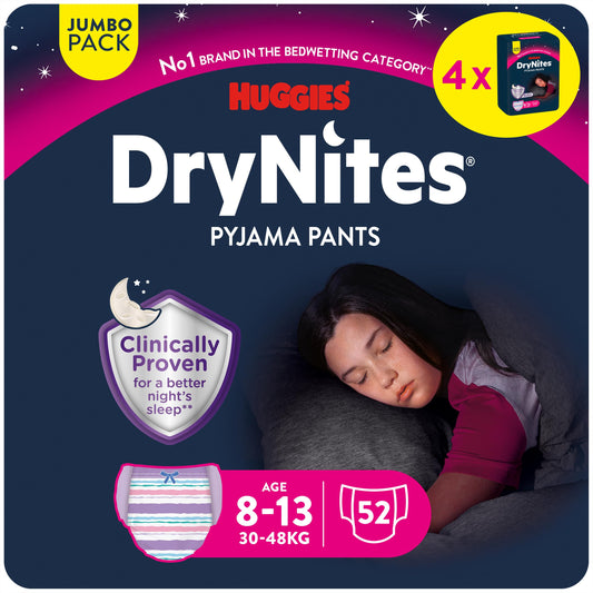 Huggies DryNites, nattbyxor för flickor - Storlekar 8-15 år (52 byxor) - Pyjamasbyxor för tonåringar för att hantera sängvätning - Diskret design, 4-pack