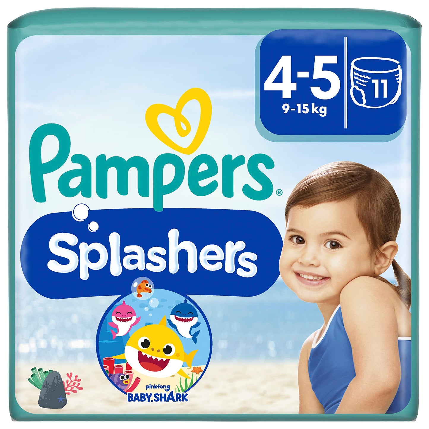 Pampers Blöjor storlek 4–5, Splashers Baby Shark Limited Edition, 11 stycken
